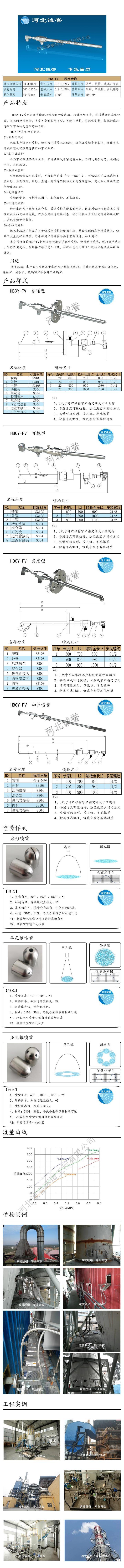 脫硝噴槍保護套、噴槍參數(shù)、材質(zhì)尺寸、流量分布圖、扇形空心錐俯視圖介紹，以及噴槍霧化視頻展示和工程案例介紹